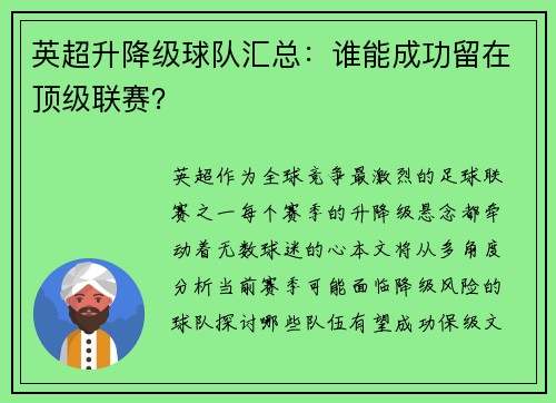 英超升降级球队汇总：谁能成功留在顶级联赛？