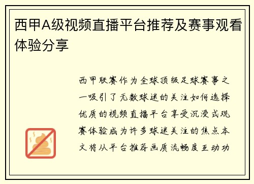 西甲A级视频直播平台推荐及赛事观看体验分享