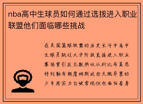 nba高中生球员如何通过选拔进入职业联盟他们面临哪些挑战